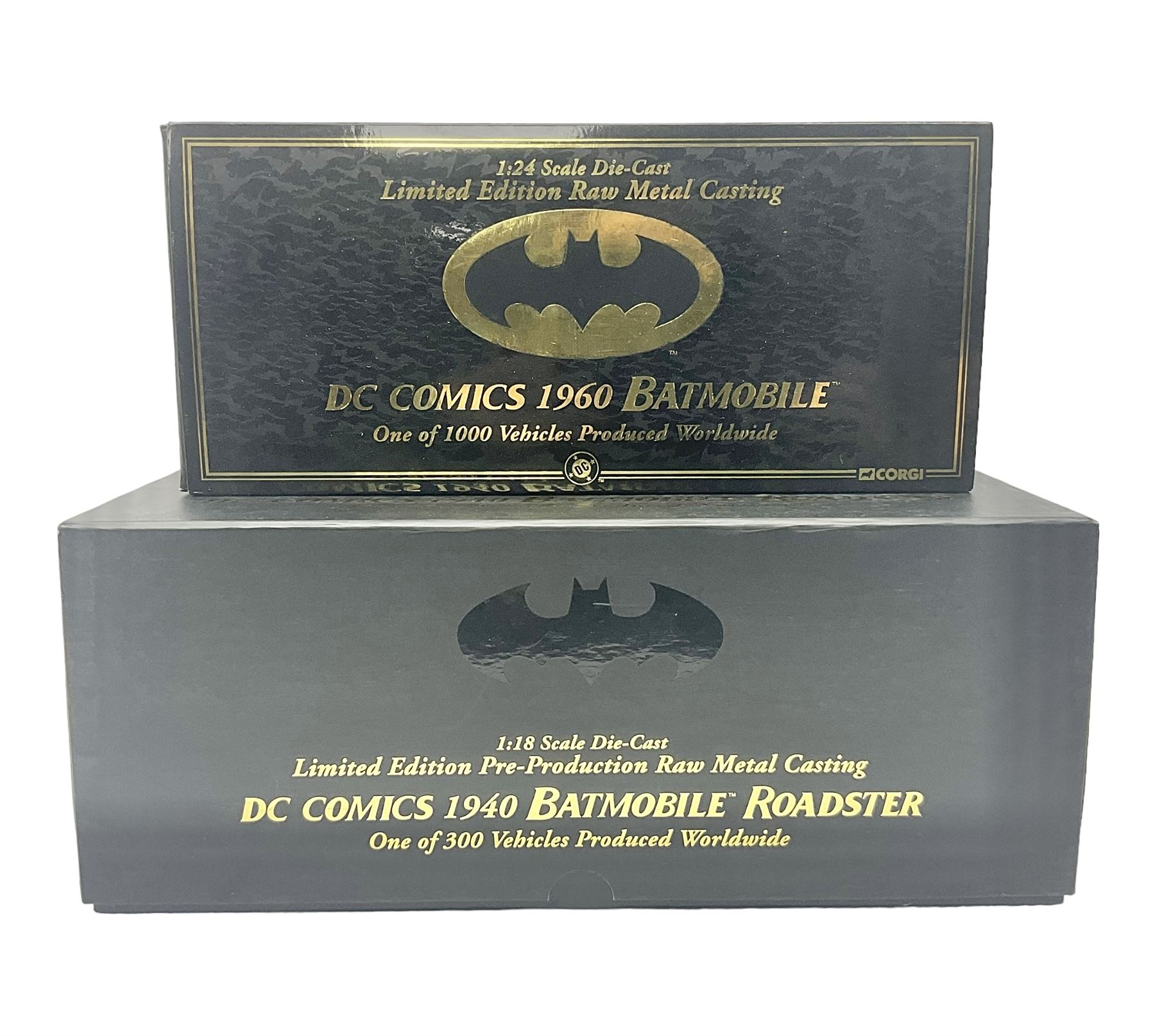 Two Corgi DC Comics die-cast Batmobiles comprising 1:18 scale die-cast Limited Edition Pre-Production Raw Metal Casting 1940 Batmobile Roadster no. 184/300, and 1:24 scale die-cast Limited Edition Raw Metal Casting 1960 Batmobile no. 858/1000, both with original boxes and certificates of authenticity 
