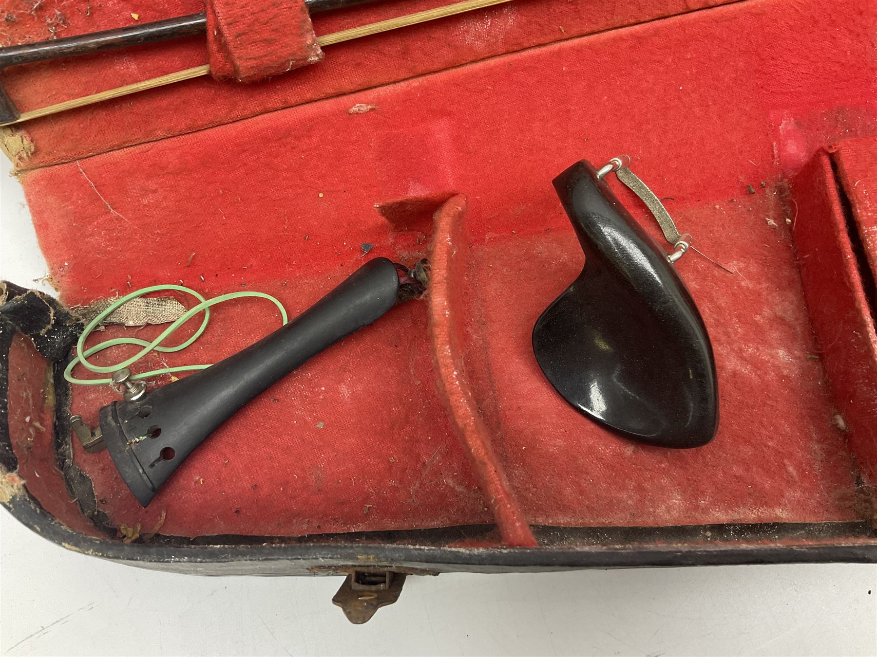 Chinese Parrot violin with 35.5cm two-piece back; L59.5cm in carrying case; and early 20th century German violin for restoration; bears label 'Antonius Stradivarius Faciebat Anno 1730'; cased with bow (2)