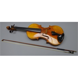  1920's violin by Beare & Son, with 36cm single piece maple back and ribs and spruce top, bears label 'Paulo Fiorini Taurini Faciebat anno 1925 B & S L 16', L59.5cm, in unrelated carrying case with bow and related paperwork  