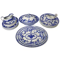 Mintons Delft blue and white dinner wares, to include three graduating oval platters, six dinner plates, six dessert plates and six side plates, tureen with cover and two sauce boats