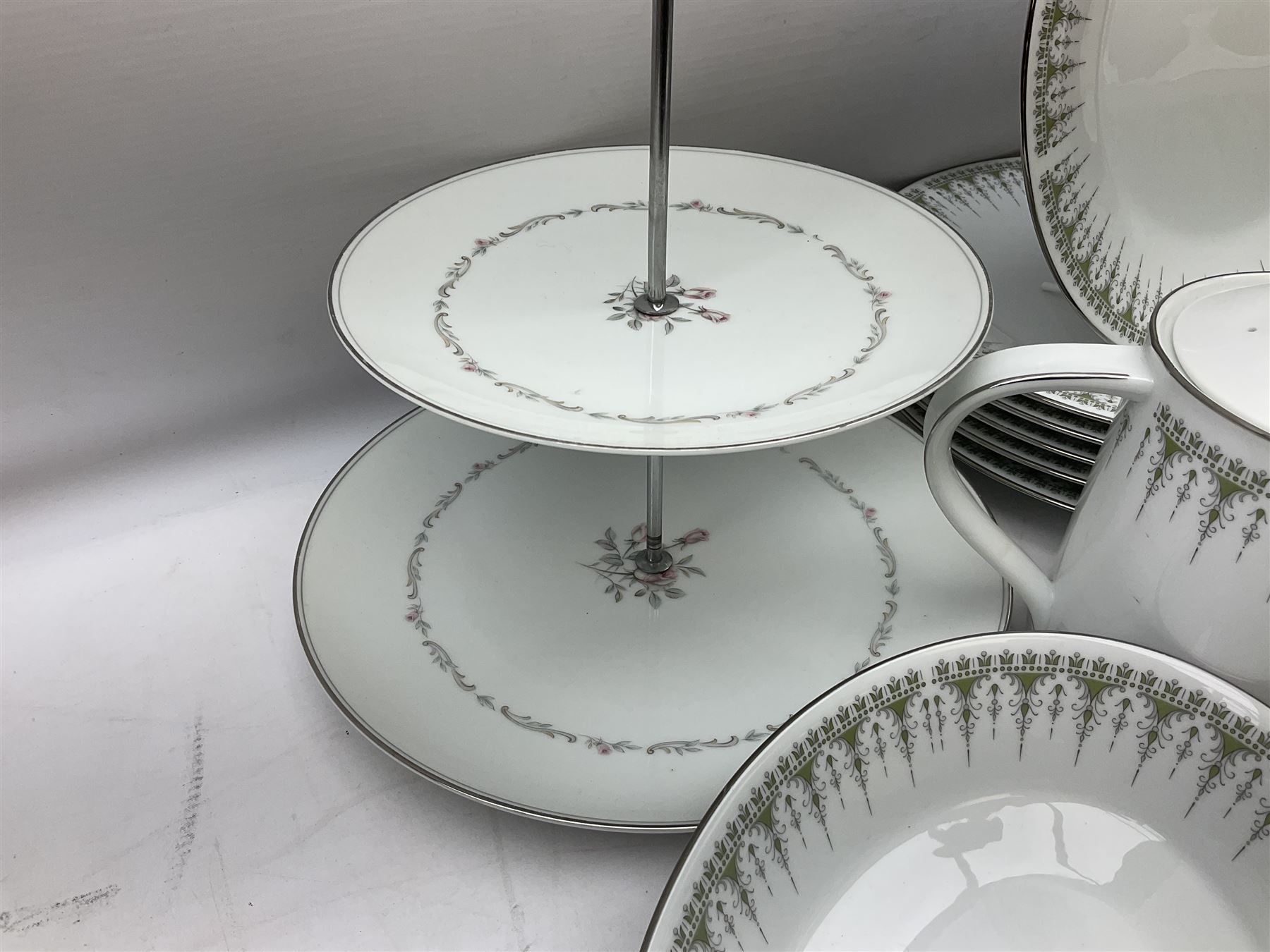 Noritake Kambrook pattern tea and dinner service for six, to include twin handled lidded tureen, lidded sucrier, teapot and coffee pot, six teacups and saucers, six dinner plates etc, together with a Noritake cake stand, all with printed marks beneath