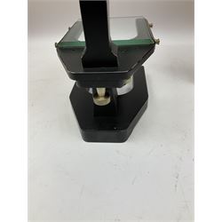 Charles Perry binocular microscope 'Classic No 1', with pitchfork base and rack and pinion focusing, in original fitted mahogany case with additional lenses, H44cm