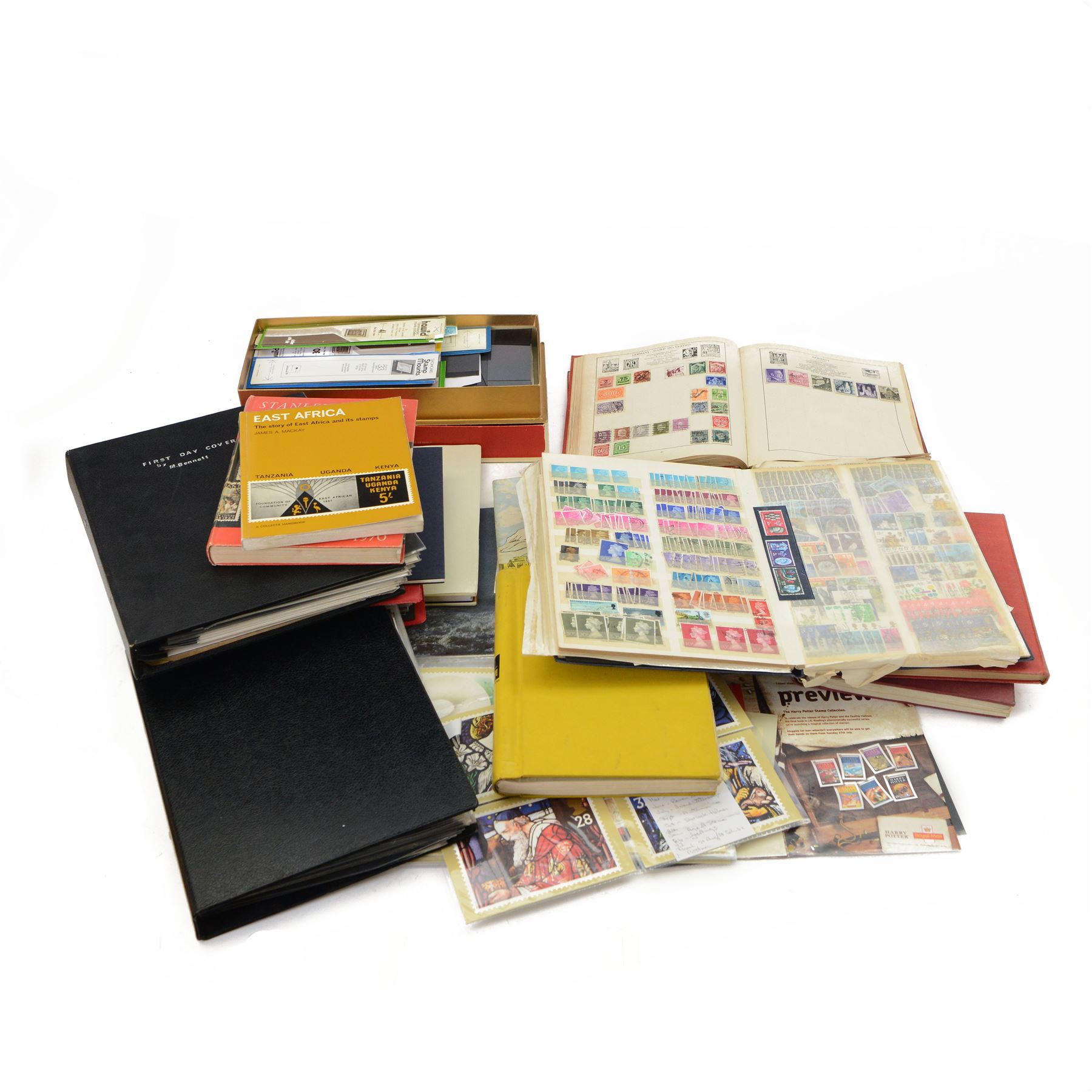 Great British and World stamps, including Aden, Antigua, Bahamas, Barbados, Basutoland, Bechuanaland Protectorate, Bermuda, British Guiana, Cyprus, Dominica, Fiji, Gold Coast, Malta, Newfoundland, Nyasaland, St Helena, St Vincent, Sierra Leone etc, stamps on covers, reference materials etc, housed in various albums, folders and loose