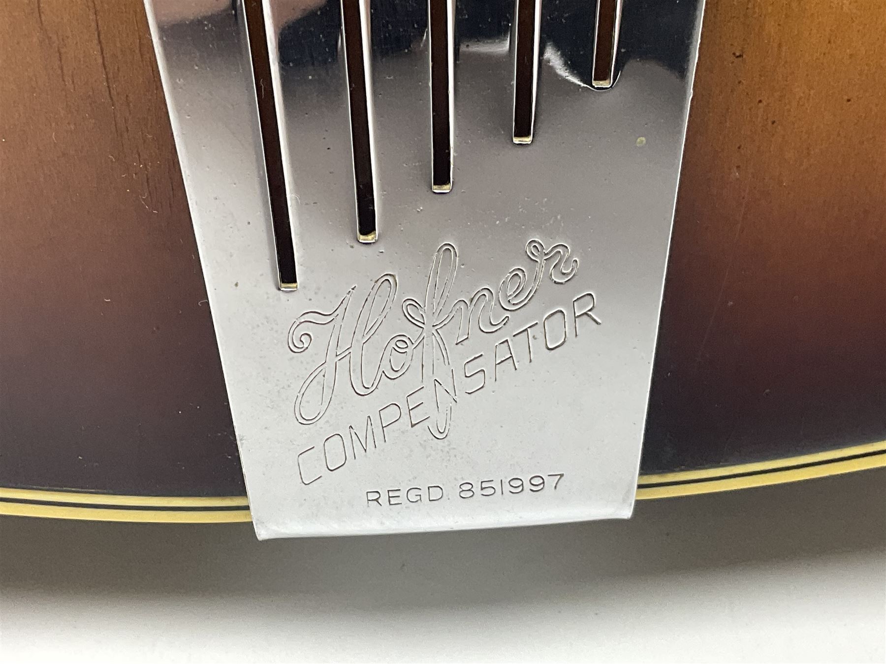 1958 Hofner Senator acoustic guitar with two-tone finish and Hofner label bearing serial no.5315, L104cm overall; in soft carrying case.