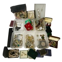 Collection of costume jewellery, including earrings, beaded necklaces, bracelets, wristwatches and boxes 