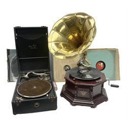 Reproduction Victrola gramophone with brass horn, together with May-Fair Deluxe wind up gramophone and a quantity of vinyl records