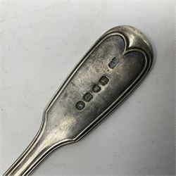 Victorian silver Fiddle pattern table spoon, with reed border and engraved monogram to terminal, hallmarked Elizabeth Eaton, London 1853