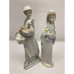 Four Lladro figures, including Girl With Cockerel no 4591, Gres Lonely no 2076 etc together with Nao figure 