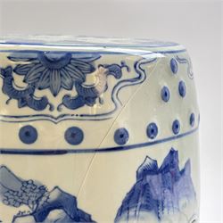 Pair of Chinese blue and white garden stools, decorated with pagodas a landscape, H40cm 