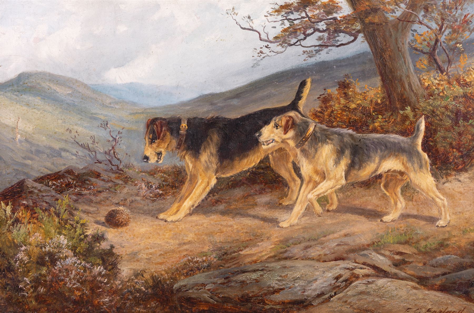 EC England (British 19th century) Two Dogs and a Hedgehog, oil on canvas signed 39cm x 60cm