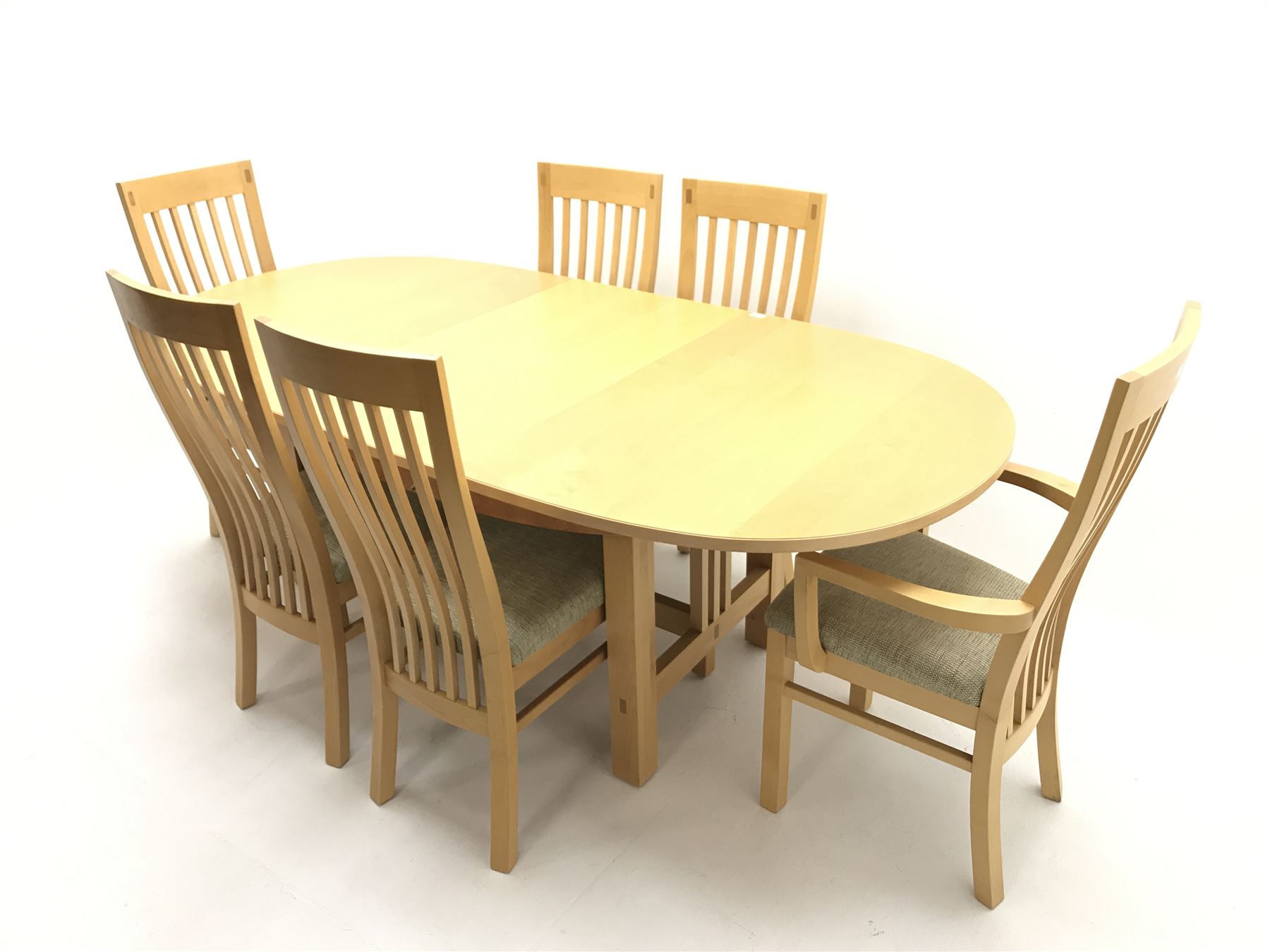 Oval maple extending dining table, moulded top, square supports (W214cm, H77cm, D104cm) and set six (4+2) dining chairs upholstered seat, square supports (W55cm) 