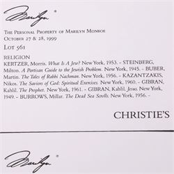 Marilyn Monroe - six religious books originally owned by Marilyn Monroe, purchased as part of lot 561 from 'The Personal Property of Marilyn Monroe' auction held at Christies, New York, October 1999, to include Kazantzakis, Nikos: The Saviors of God Spiritual Exercises, Doresse, Jean: The Secret Books of the Egyptian Gnostics, McCarthy, Mary: Memories of a Catholic Girlhood, Buber, Martin: The Tales of Rabbi Nachman, etc
