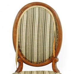 Mid-20th-century Biedermeier-style ebonized and satinwood pedestal table, quarter-veneered circular top with ebonized edge above a tapered baluster quarter-lobed column, raised on a circular plinth base, D87xH70cm, together with two matching upholstered spoon back chairs W45xD47xH87cm