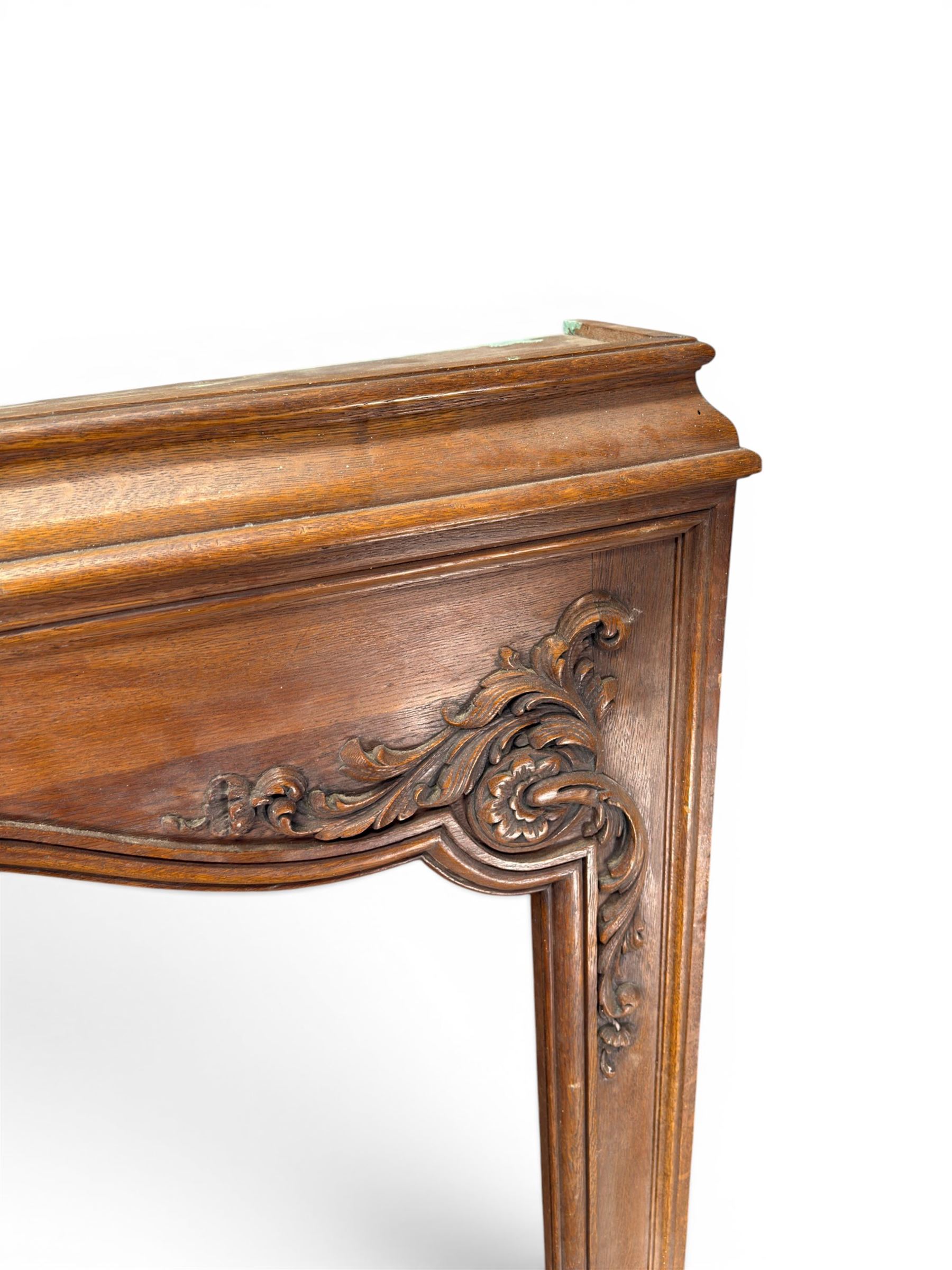 Early 20th century French oak window surround, shaped top with carved shell and acanthus leaf detail 