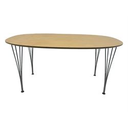 Piet Hein & Bruno Mathsson for Fritz Hansen - contemporary 'superellipse' dining table, oval beech top raised on four chrome supports; set of six Fritz Hansen butterfly-shaped chairs on tubular chrome supports