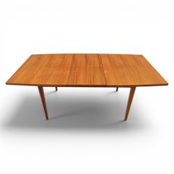 Mid-20th century teak dining table and chairs, with stowable fold over leaf, raised on square tapering legs, the chairs with teak frames and reupholstered green leather seats