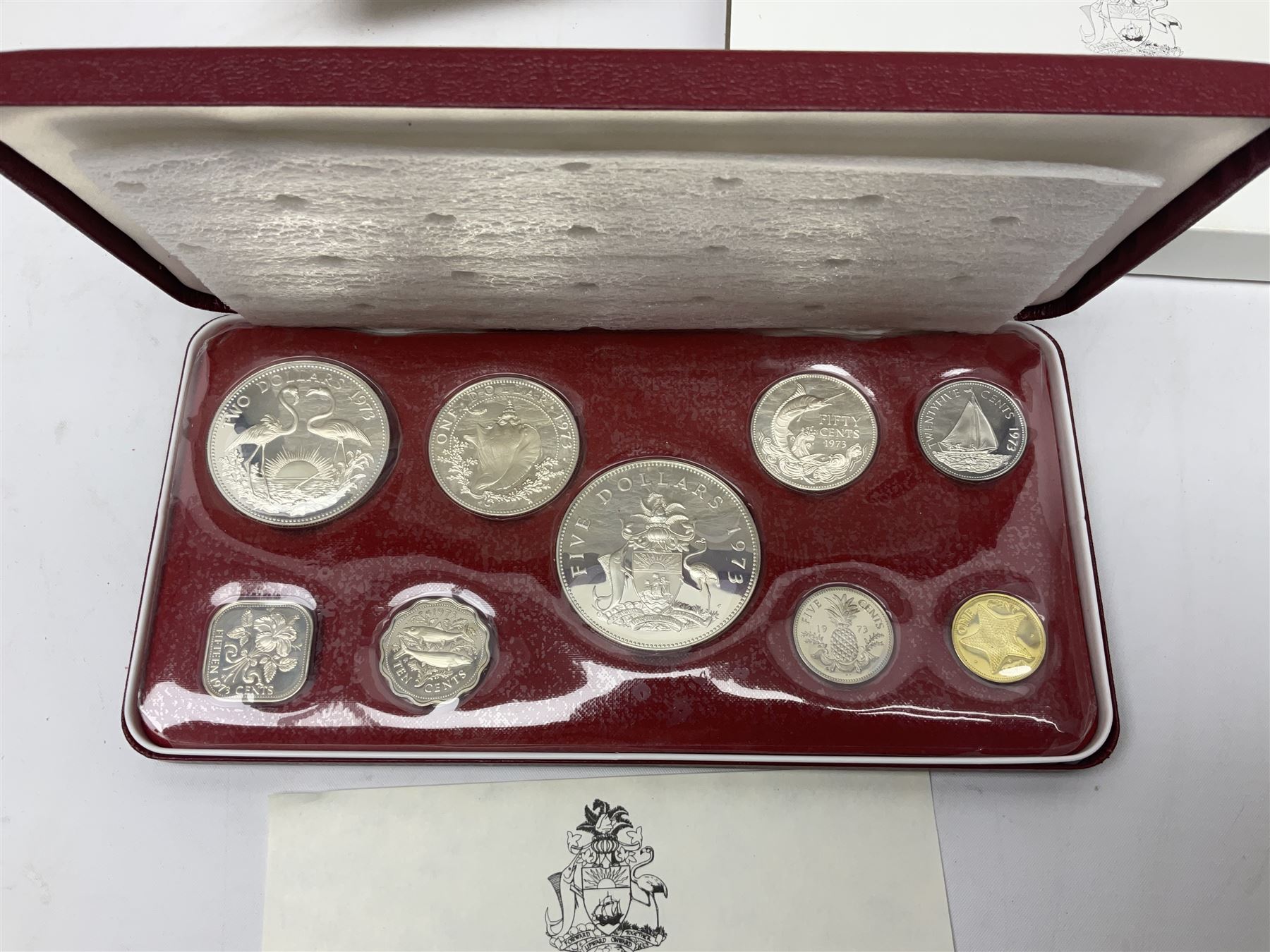 Six Commonwealth of the Bahamas Islands nine coin sets, dated 1972, 1973, 1974, 1975, 1976 and 1979, all minted at the Franklin Mint and containing high denomination silver coins, all cased, and a Bahamas Anniversary 1978 two coin set comprised of two silver proof ten dollar coins, cased 