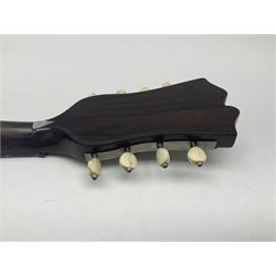 French mandolin with segmented lute back and mother-of-pearl inlaid spruce top; bears label for 'Jerome Thibouville-Lamy & Cie Paris L60cm; and another unmarked flat-back mandolin; both for completion (2)