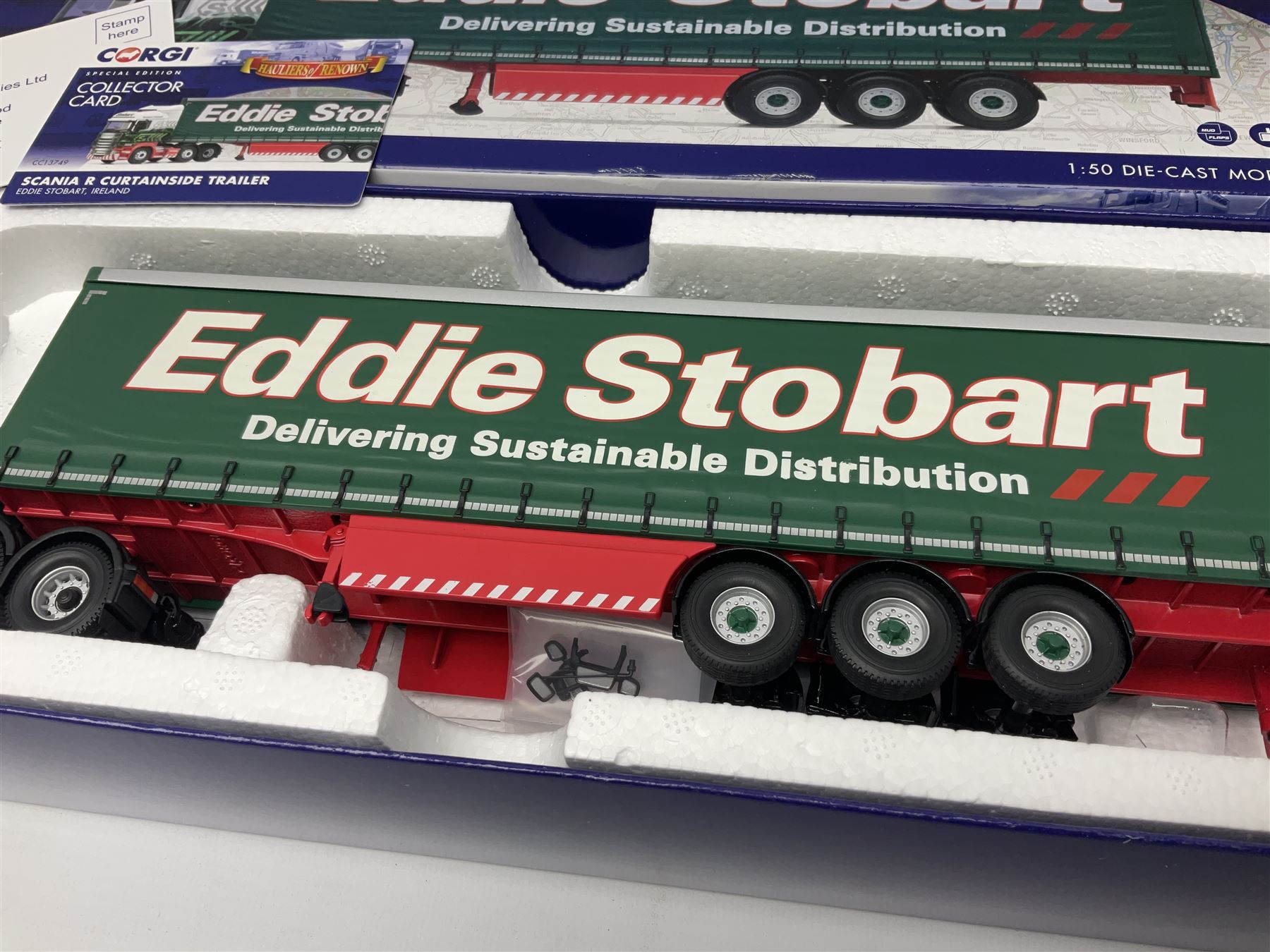 Corgi Eddie Stobart - two Special Edition Hauliers of Renown lorries; CC13749 Scania R Curtainside Trailer and CC15508 Volvo F10 Curtainside; and limited edition Hauliers of Renown CC13801 Mercedes-Benz Actros Fridge Trailer; all boxed (3)