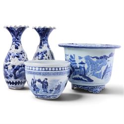 Pair of blue and white moulded vases, decorated with dragons amongst clouds, together with...