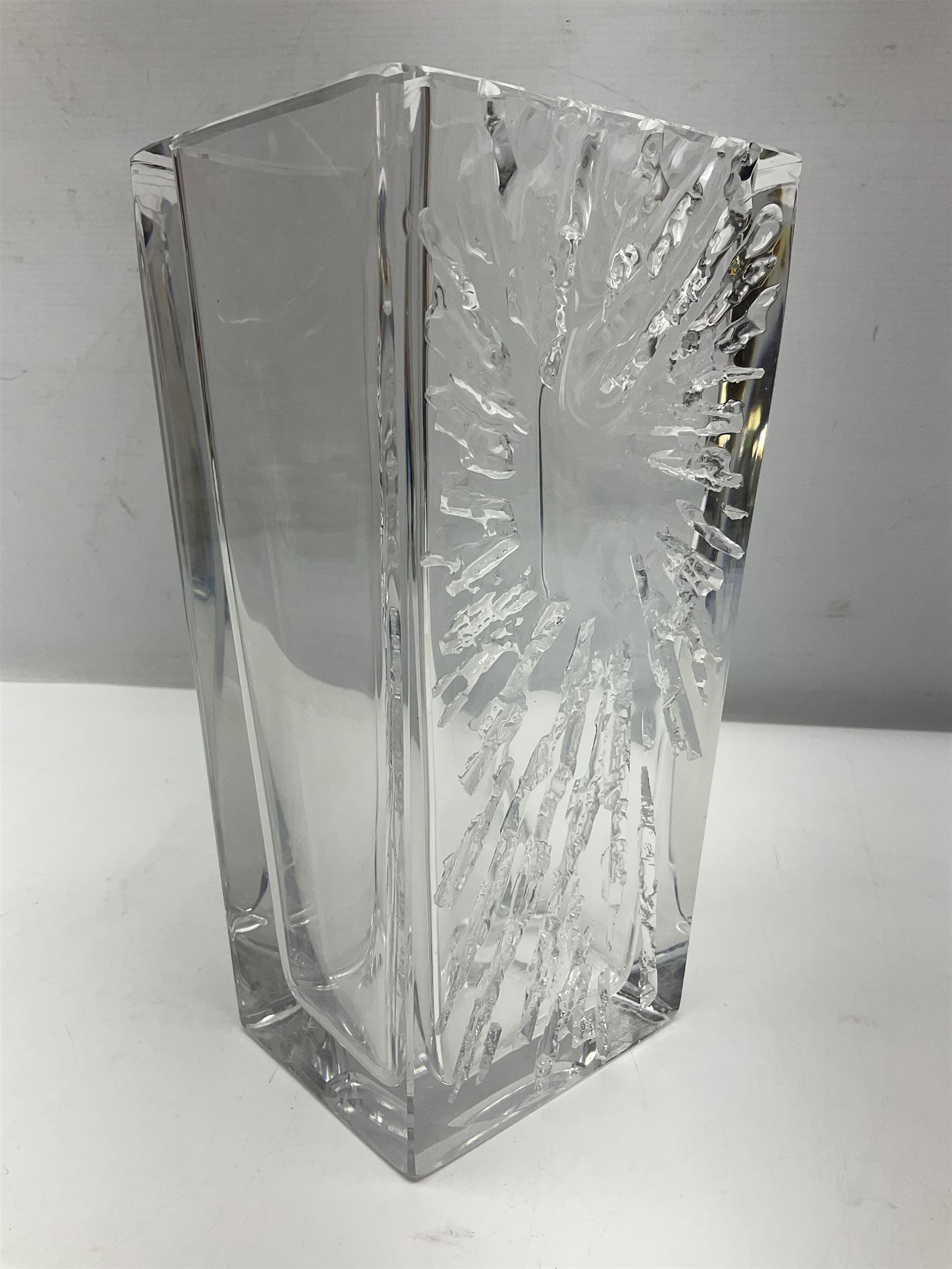 Daum clear crystal glass vase of square sleeve form decorated with stylised sunburst motif, engraved signature to the reverse H25cm