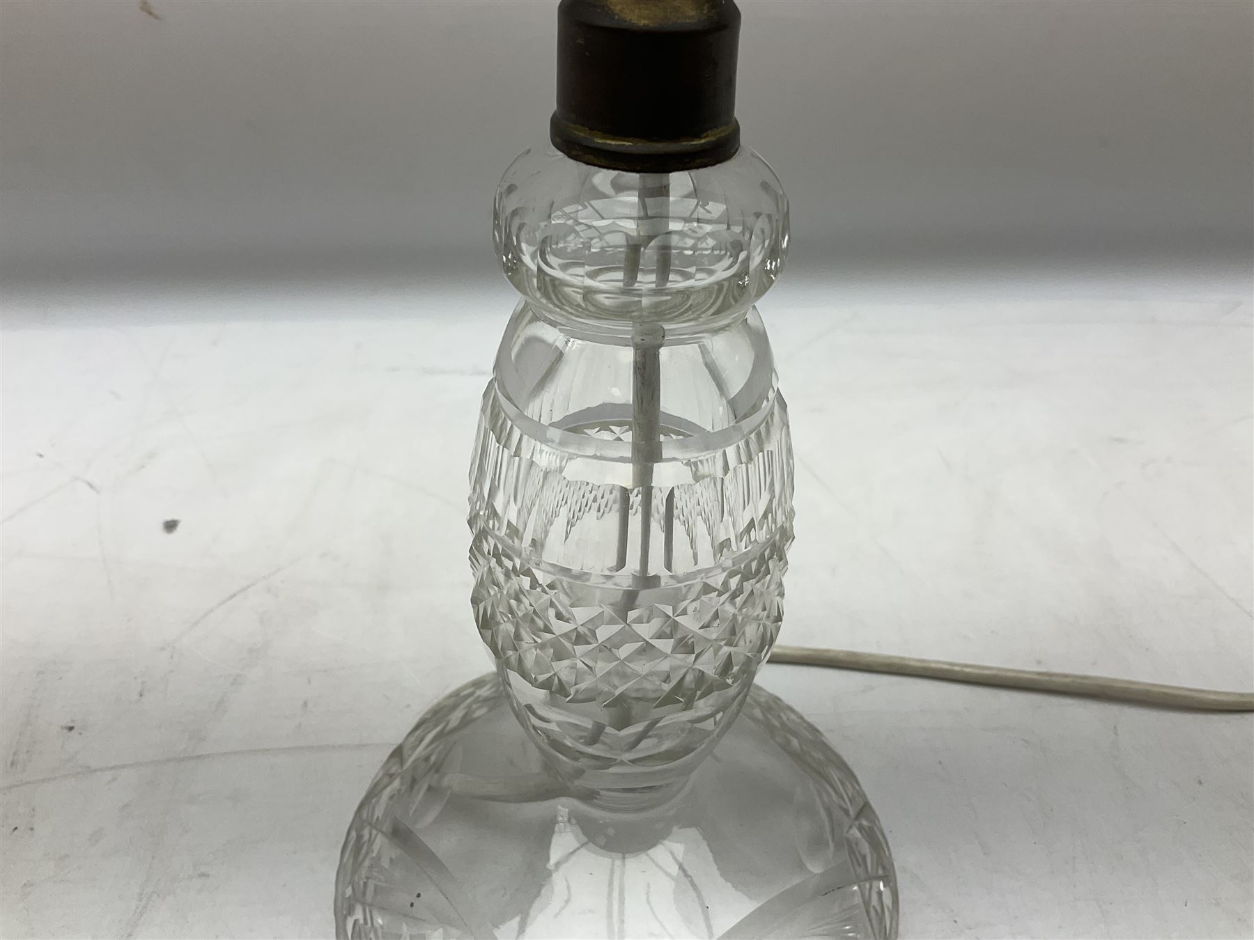Waterford style cut crystal table lamp with mushroom shade and shaped central column upon a circular spreading foot, H39cm