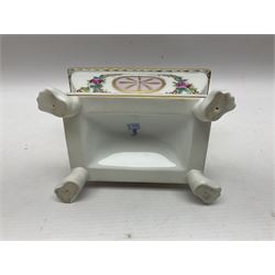 Limoges France hand painted ink well pot stand with lion paw feet, together with  pot pourri vase and cover in the shape of an egg raised on three scroll feet, ink well H14cm 