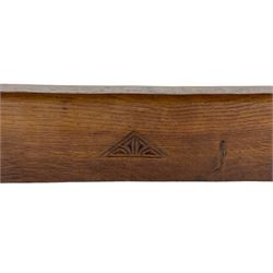 Yorkshire Oak 'Kingpost' - oak dining table, rectangular adzed top on tapered end supports, united by pegged stretchers carved with kingpost signature, on sledge feet, by Robert Ingham, Burton Leonard, Harrogate 