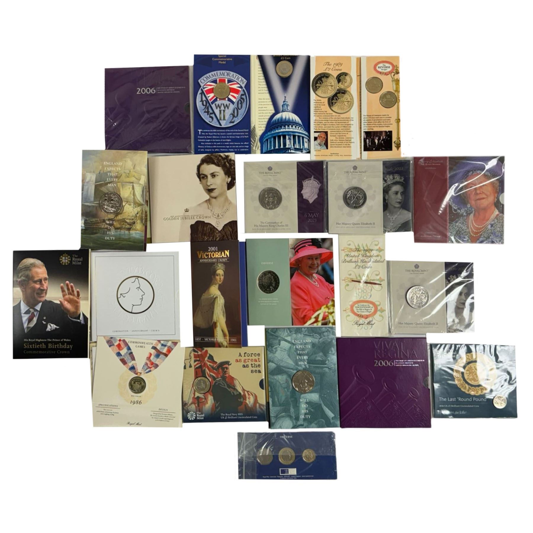 Nineteen The Royal Mint United Kingdom uncirculated commemorative coins or sets, including Queen Elizabeth II 1989 '1689 1989' two pounds, 2001 'Victorian Anniversary' crown, 2003 'Coronation Jubilee' five pounds, 2004 'Britain's new coinage' three coin set, 2005 'The End of WWII' two pound, 2006 'Her Majesty Queen Elizabeth II Eightieth Birthday', 2015 'The Royal Navy' two pounds, 2016 'The Last Round Pound', 2022 '1926-2022' five pounds, King Charles III 2023 'The Coronation' five pounds etc