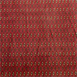 North East Persian Turkoman hand-knotted carpet, madder red field decorated with rows of repeating Tekke guls, in offset horizontal bands and interspersed cruciform subsidiary motifs, enclosed within narrow geometric borders featuring stylized tribal devices, with fringe ends   