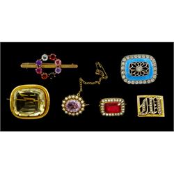 Four Victorian and later gold brooches including gold amethyst and seed pearl, citrine and multi-gemstone and citrine, gold 'M' buckle and a silver blue enamel and paste stone set brooch