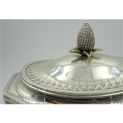  George III silver tea caddy, neo-classical design with bright cut decoration, hinged lid and pineapple finial by John Robins, London 1790, H15cm, approx 16oz. Provenance Property of Bob Heath, Brandesburton Formerly of Ravenfield Hall Farm near Rotherham   