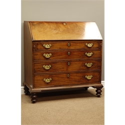  George III mahogany fall front bureau, fitted interior, four graduating drawers, on turned feet, W108cm, H112cm, D52cm  