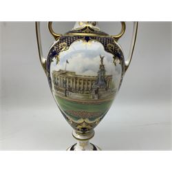 Spode commemorative vase and cover, for the Golden Jubilee of H.R.H. Queen Elizabeth II, blue ground with gilded detail and two enamelled topographical panels, one of Windsor Castle and the other Buckingham Palace, printed mark beneath numbered 36 of 100 with certificate and original box 