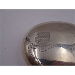 Early 20th century silver squeeze action snuff box, of oval form, engraved verso C.F. Rockcliffe, Darlington, the hinged lid engraved with initials CF and the crests for both Harrow School and Eton College, opening to reveal a gilt interior, hallmarked George Unite, Birmingham 1919, L8cm