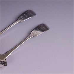 Pair of William IV silver Fiddle pattern spoons, comprising ladle and sifting spoon, each with presentation engravings to terminal, hallmarked William Rawlings Sobey, Exeter 1836