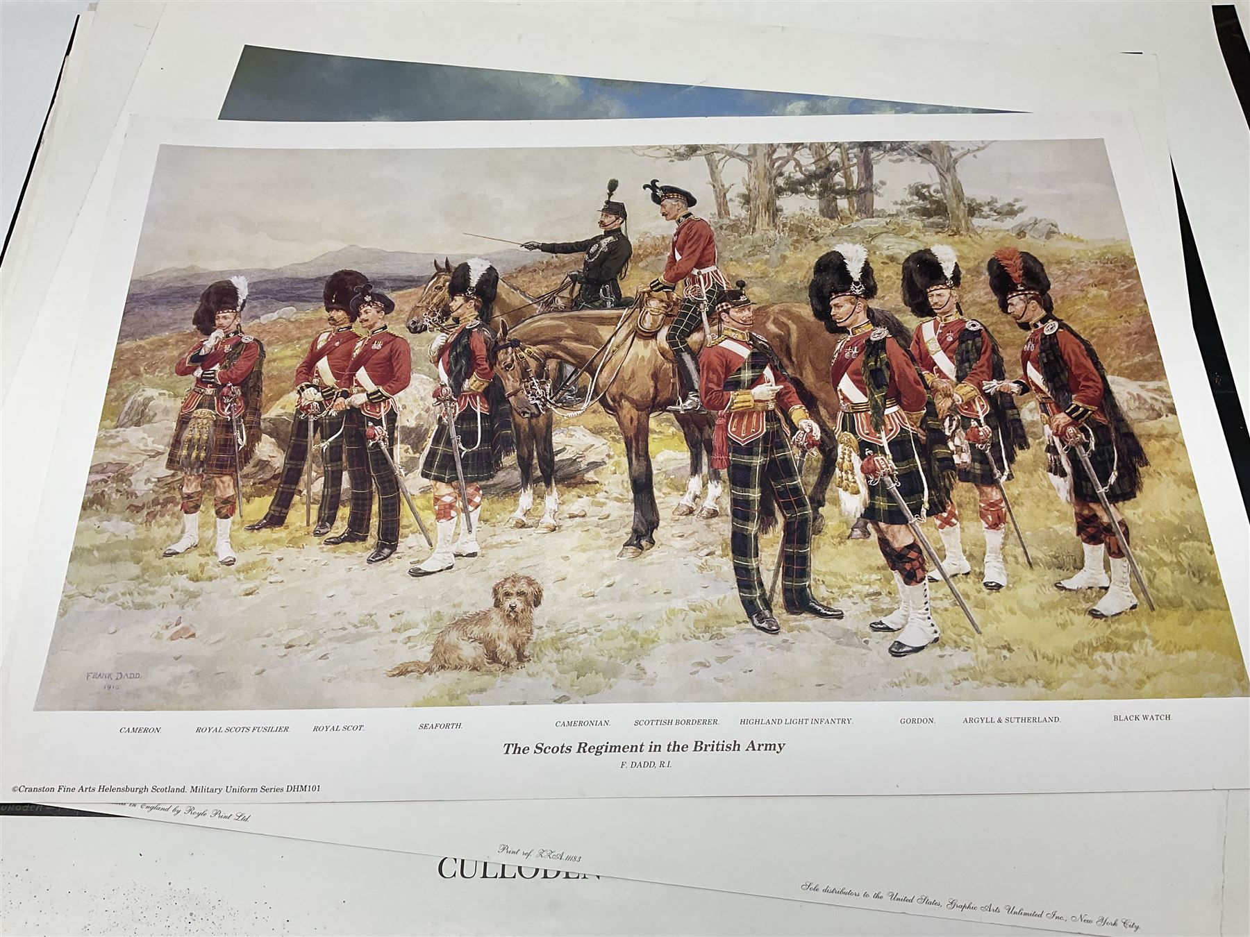 Large poster entitled 'Crests and Badges of the British Army in Daily Use 56 x 86cm; together with twenty-five colour prints of military interest including Crimean War, Boer War, WW2 etc; various sizes; all unframed