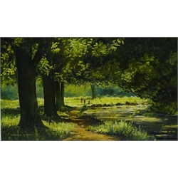  'Brompton Green', oil on board signed and dated '77 by Neville R Grey (British 20th century) titled verso 29cm x 50cm and Woodland Path, oil signed by B Imrie 44cm x 59cm (2)  