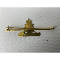 Royal Artillery 9ct gold and enamel sweetheart brooch in original box; together with Royal Artillery shoulder title, brass badges and buttons; and WW2 Defence Medal in issue box to 232775 addressed to Mrs. J.M. Morgan