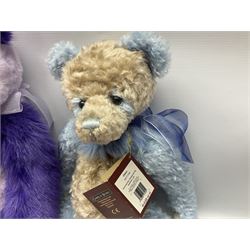 Seven Charlie Bears, comprising two limited edition examples, Parma Violet CB191963, designed by Isabelle Lee, limited to 3000, and Mary CB205250O, limited to 1000, plus Anniversary Carol CB151562, Olien CB171790, Dilly CB124946, Willamena CB202037A, and Kay CB191957B, each designed by Isabelle Lee, all with tags