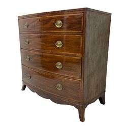 George III mahogany bow-front chest of drawers, four graduated drawers with oval brass handles, raised on splayed bracket feet with a shaped apron