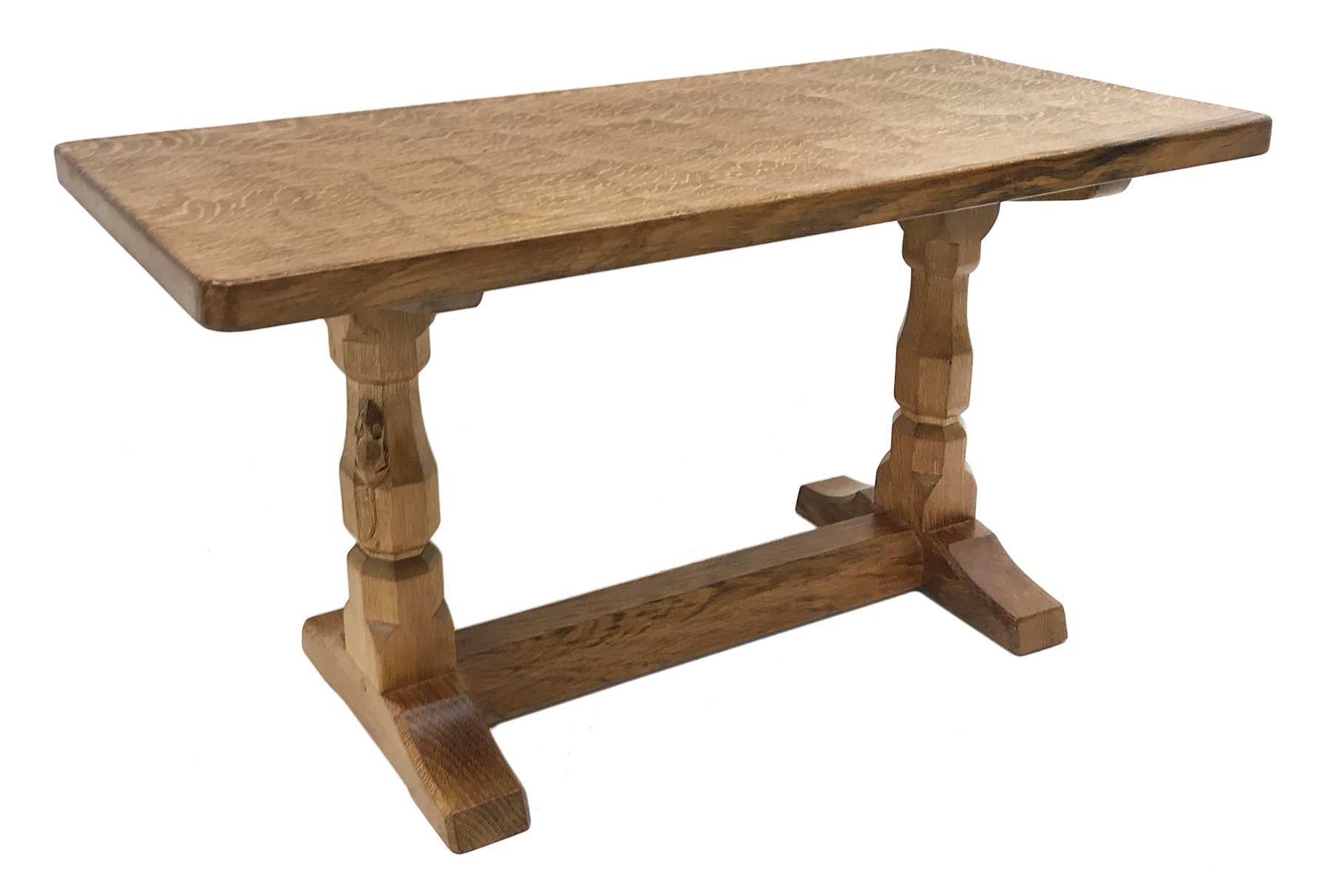 'Mouseman' oak coffee table, rectangular adzed top, two octagonal