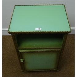  Wicker bedside cabinet, glass top, single door (W45cm, H67cm, D34cm) a matching laundry bin and a wicker chair (3)  