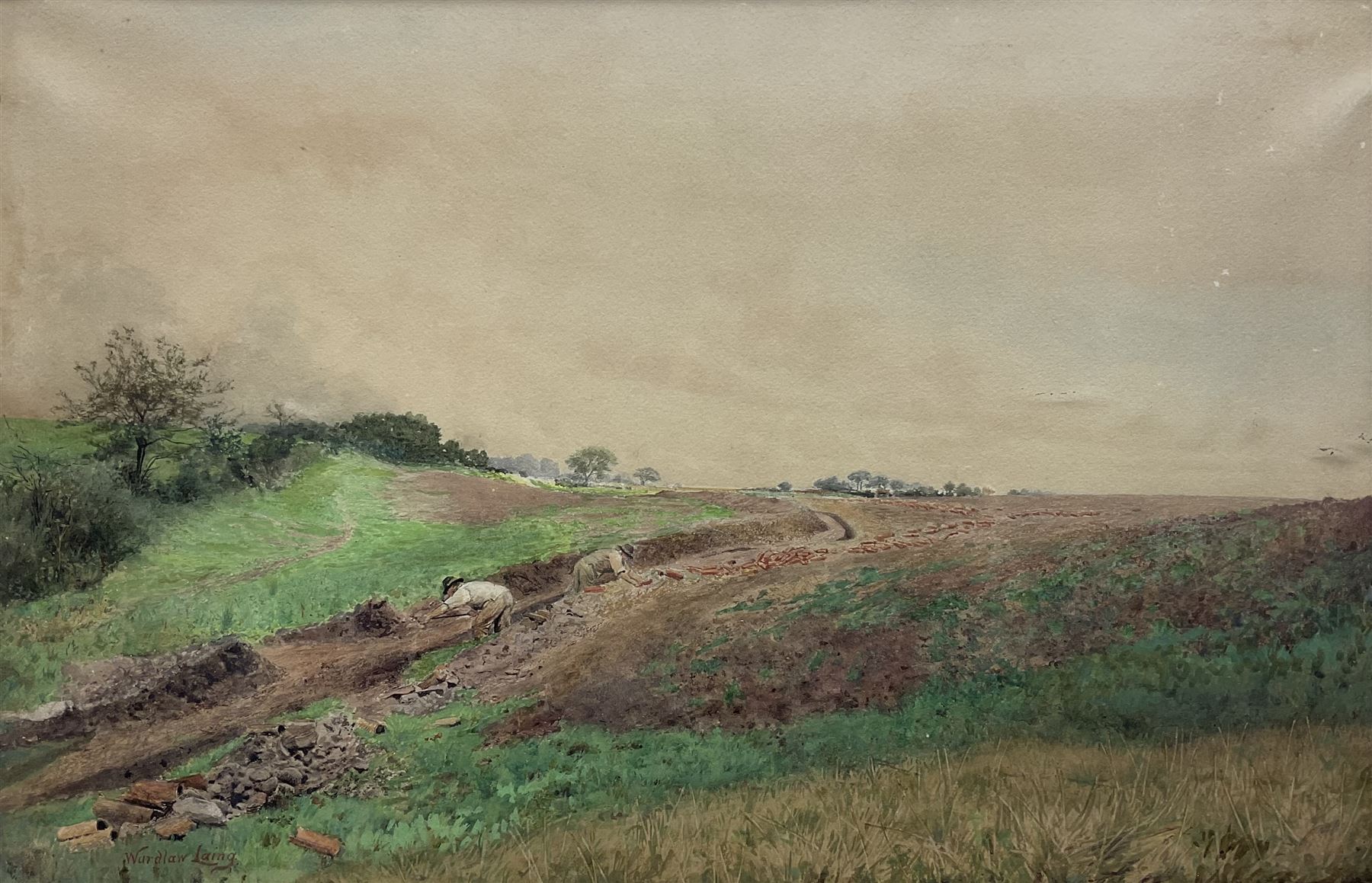 William Wardlaw Laing (exh.1882-1922): 'A Fallow Field' - laying clay pot drainage system, watercolour signed, original title label verso with  artist's Liverpool address 34cm x 53cm