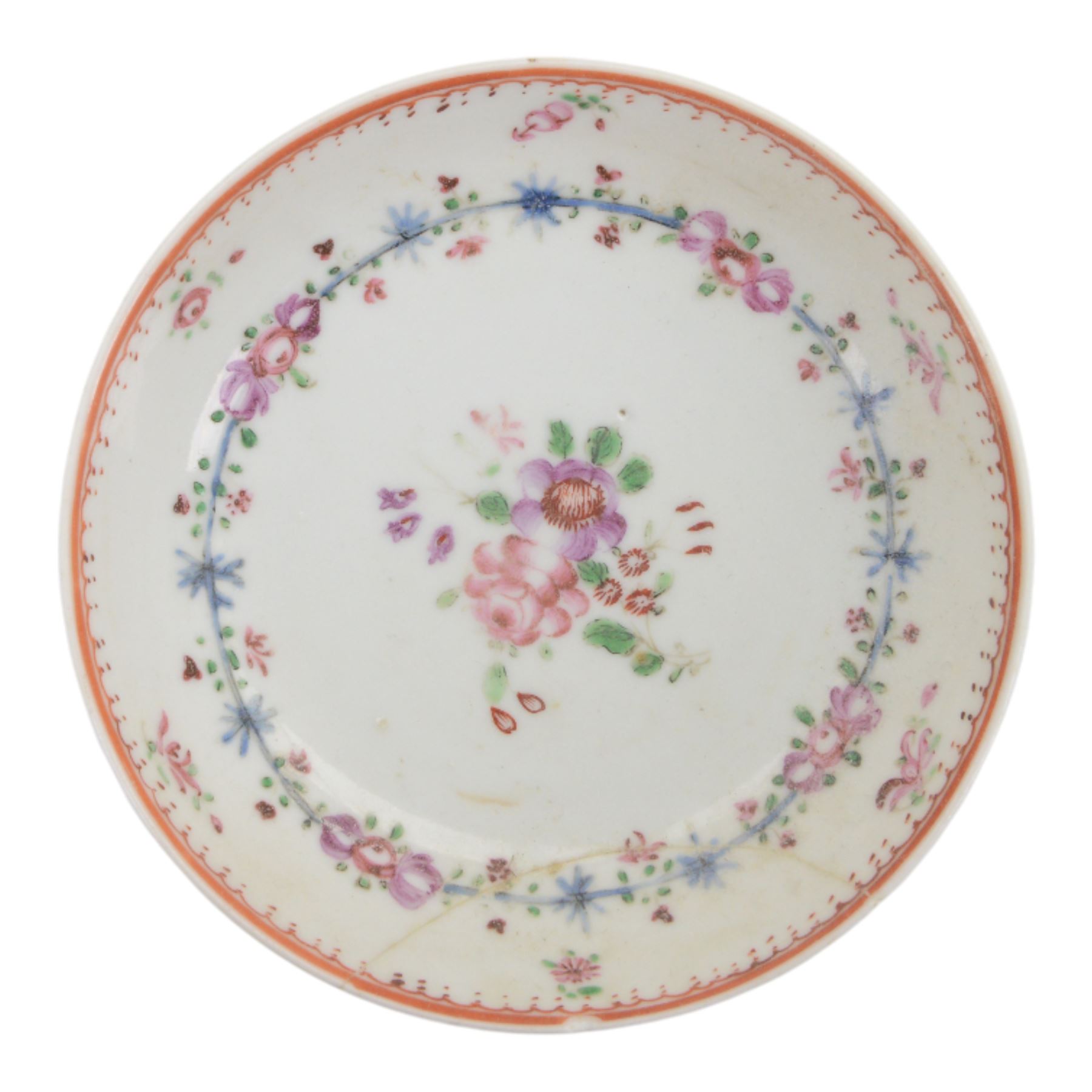 Amsterdam bont teapot, decorated with a basket of flowers, together with two Amsterdam bont saucers of similar design and five other saucers  