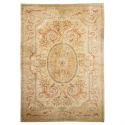 Large Aubusson design flatweave carpet, cream ground centred by oval medallion decorated w...