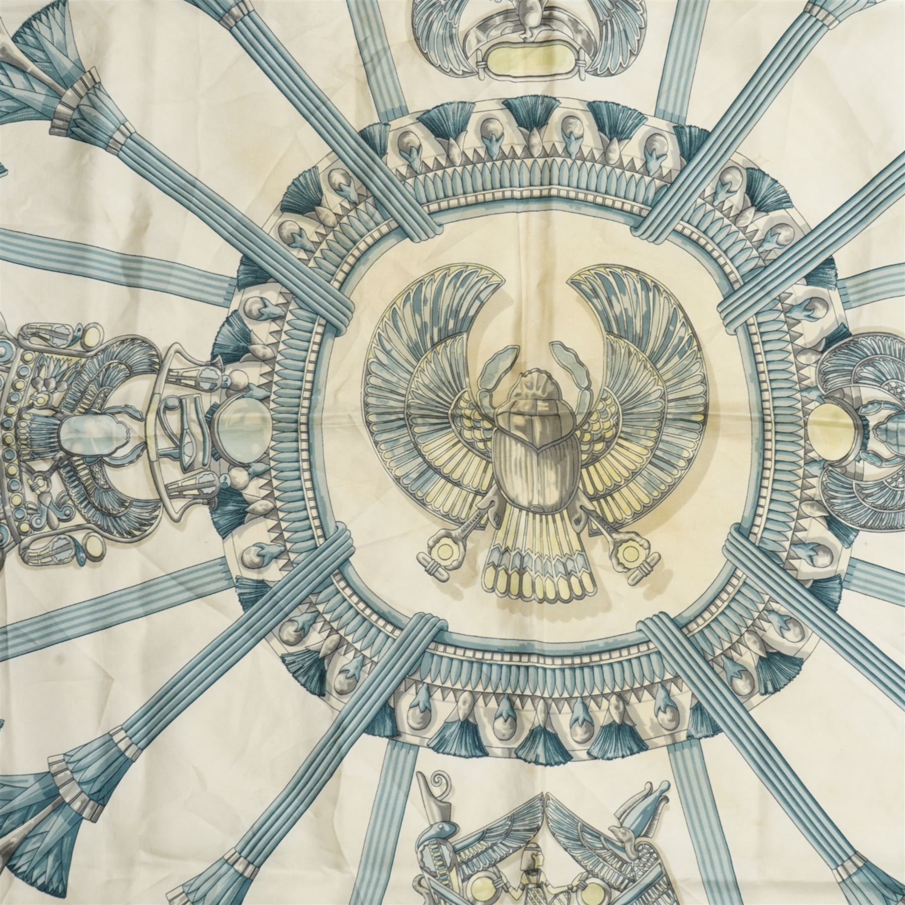 Hermes 'Egypte' silk scarf in blue and grey colourway, designed by Cathy Latham, 86cm x 90cm 