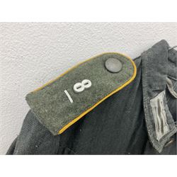WW2 German Army grey/green herringbone twill four pocket tunic with shoulder tabs for signals regiment, cloth eagle insignia and iron cross ribbon