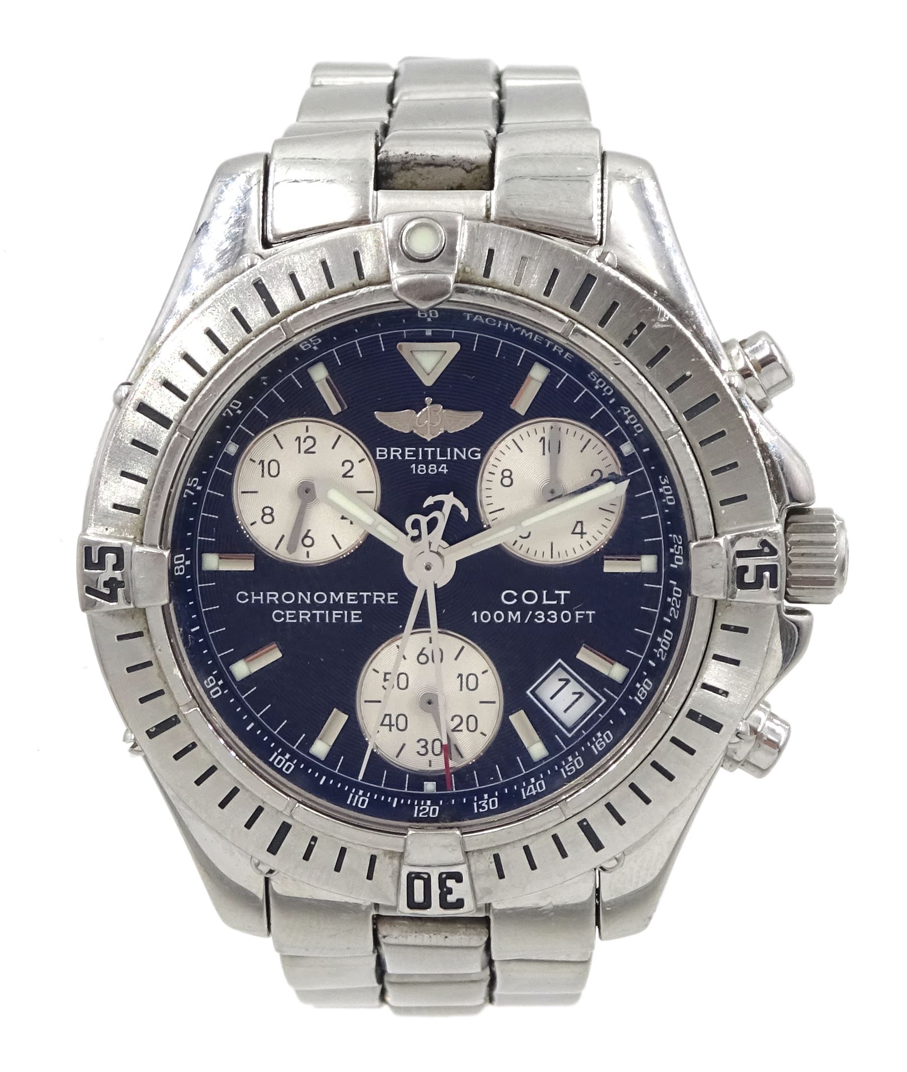 Breitling Colt gentleman s stainless steel quartz chronograph wristwatch Ref. A73350 black dial with triple register recording hours minutes and continuous seconds and date aperture boxed with pap Jew...