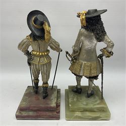 Anna Danesin for Birmingham Mint, two limited edition figures of British Monarchs: Charles I and Charles II, cold painted bronze figures, on a stepped onyx plinths, H29cm